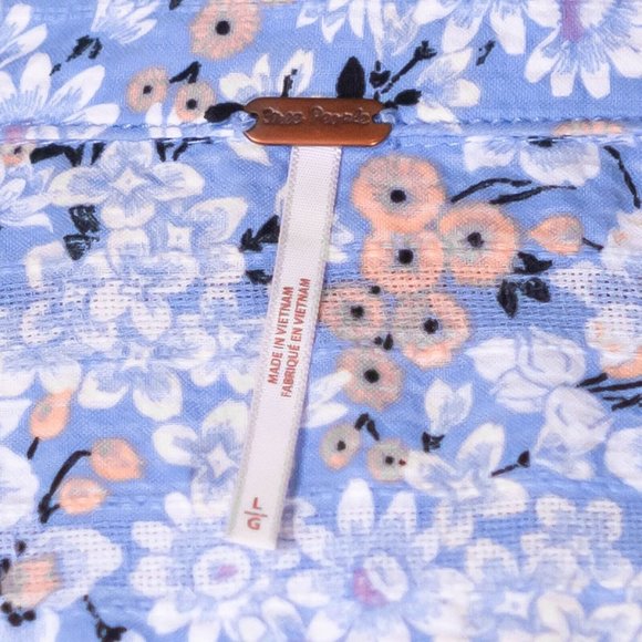 Free People Women's Shirt Button Up Blue Floral Boho Peasant Blouse Top Size L - Picture 3 of 8